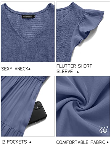 MEROKEETY Women's Flutter Short Sleeve Smocked Midi Dress Summer Casual Tiered A, Line Dress, Dustyblue, M