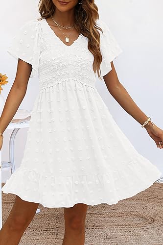 TECREW Womens Smocked Short Sleeve V Neck Mini Dress Summer Swiss Dot Flowy Short Dress, White, XX-Large