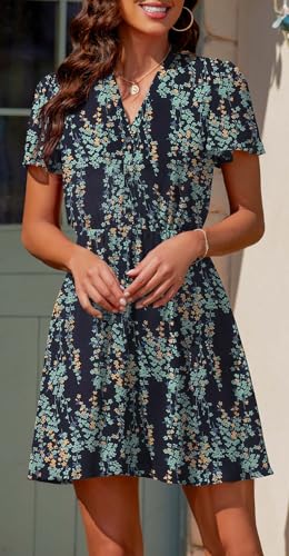 Actcat Women's Chiffon Summer Dress Short Sleeves Floral Button Down Dress (Small)