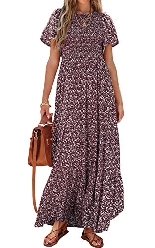 PRETTYGARDEN Women's Short Sleeve Boho Floral Dress A Line Smocked Midi Dress Casual Tiered Summer Dresses 2024 (Wine Red,X-Large)