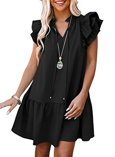 Dokotoo Womens 2024 Spring Summer Drawstring V-Neck Ruffle Sleeveless Tank Dress Cap Short Sleeve Side Pockets Easter Mini Dress Sundress Black Large