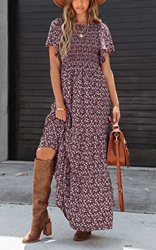 PRETTYGARDEN Women's Short Sleeve Boho Floral Dress A Line Smocked Midi Dress Casual Tiered Summer Dresses 2024 (Wine Red,X-Large)