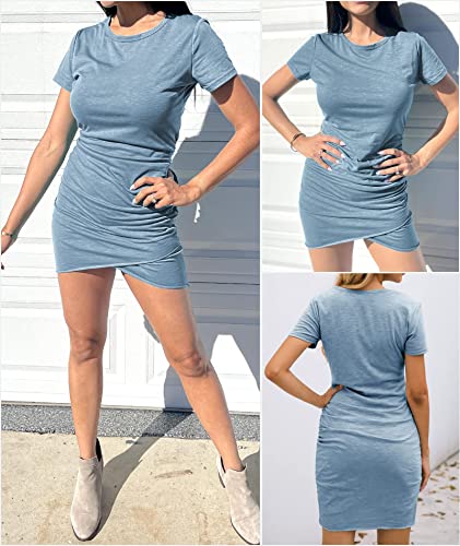 BTFBM Women's 2024 Summer Casual Beach Dresses Crew Neck Short Sleeve Wrap Party Club Mini Ruched Bodycon T Shirt Dress(104Blue, Large)