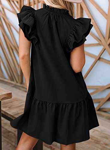 Dokotoo Womens 2024 Spring Summer Drawstring V-Neck Ruffle Sleeveless Tank Dress Cap Short Sleeve Side Pockets Easter Mini Dress Sundress Black Large