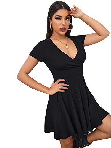 Verdusa Women's Surplice Neck Short Sleeve Mini Wrap A Line Fit and Flare Dress Black XL