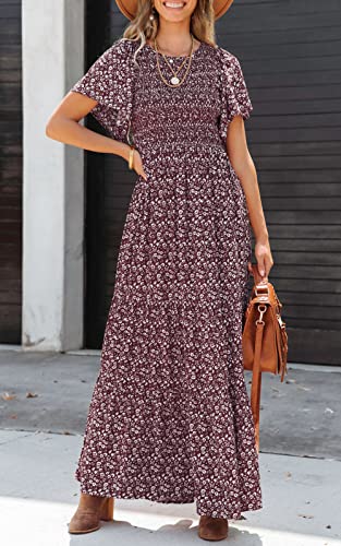 PRETTYGARDEN Women's Short Sleeve Boho Floral Dress A Line Smocked Midi Dress Casual Tiered Summer Dresses 2024 (Wine Red,X-Large)