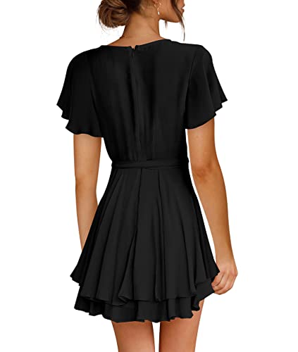 Womens Summer Dresses Short Sleeve V-Neck Tie Waist Casual Dress Black XL