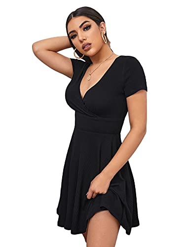 Verdusa Women's Surplice Neck Short Sleeve Mini Wrap A Line Fit and Flare Dress Black XL