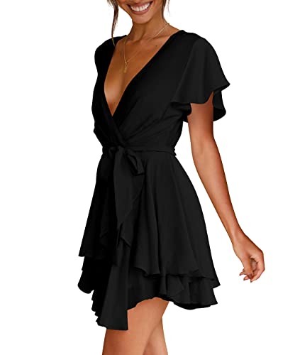 Womens Summer Dresses Short Sleeve V-Neck Tie Waist Casual Dress Black XL