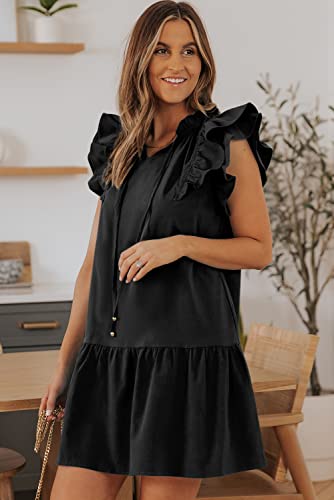 Dokotoo Womens 2024 Spring Summer Drawstring V-Neck Ruffle Sleeveless Tank Dress Cap Short Sleeve Side Pockets Easter Mini Dress Sundress Black Large
