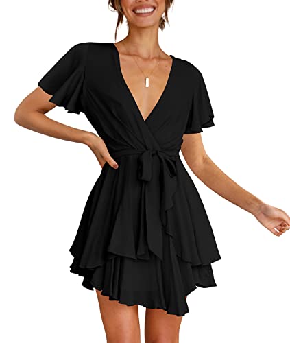 Womens Summer Dresses Short Sleeve V-Neck Tie Waist Casual Dress Black XL