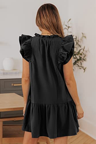 Dokotoo Womens 2024 Spring Summer Drawstring V-Neck Ruffle Sleeveless Tank Dress Cap Short Sleeve Side Pockets Easter Mini Dress Sundress Black Large