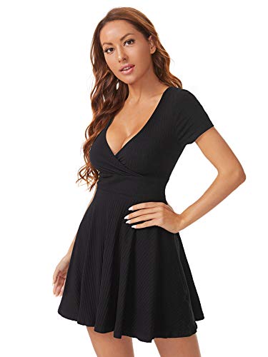 Verdusa Women's Surplice Neck Short Sleeve Mini Wrap A Line Fit and Flare Dress Black XL