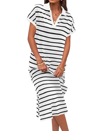 MEROKEETY Women's Summer Striped Short Sleeve Dress V Neck Collared Side Slit Casual Beach Maxi Dresses, White, S