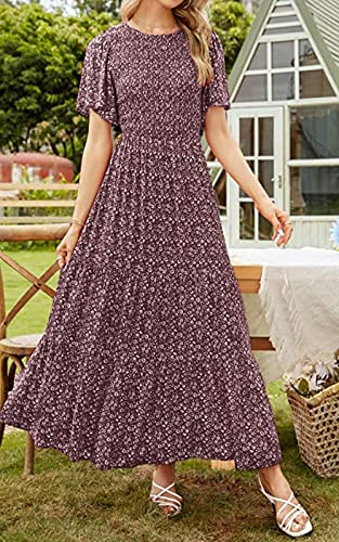 PRETTYGARDEN Women's Short Sleeve Boho Floral Dress A Line Smocked Midi Dress Casual Tiered Summer Dresses 2024 (Wine Red,X-Large)
