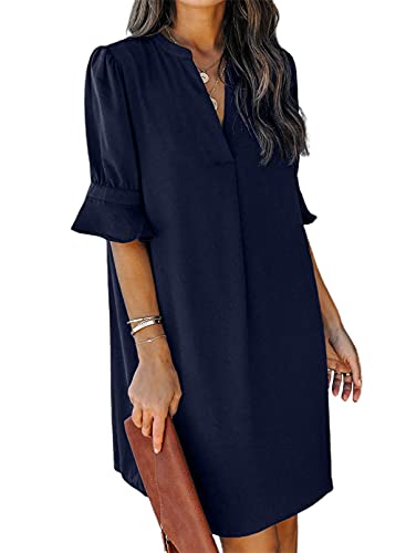 QACOHU Simple Solid Color Loose Ruffle Short Sleeve V-Neck Mini Summer Dress Shift Dress for Women Blue XL