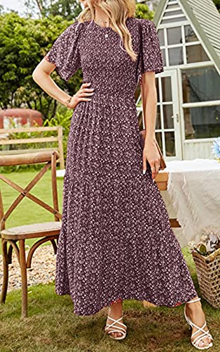 PRETTYGARDEN Women's Short Sleeve Boho Floral Dress A Line Smocked Midi Dress Casual Tiered Summer Dresses 2024 (Wine Red,X-Large)