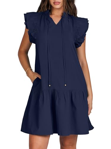 ANRABESS Womens Summer V-Neck Drawstring Ruffle Cap Short Sleeve Casual Shift Mini Dress with Pockets Navy Blue Small