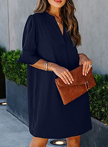 QACOHU Simple Solid Color Loose Ruffle Short Sleeve V-Neck Mini Summer Dress Shift Dress for Women Blue XL