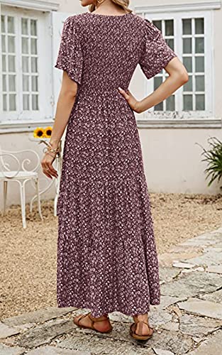 PRETTYGARDEN Women's Short Sleeve Boho Floral Dress A Line Smocked Midi Dress Casual Tiered Summer Dresses 2024 (Wine Red,X-Large)