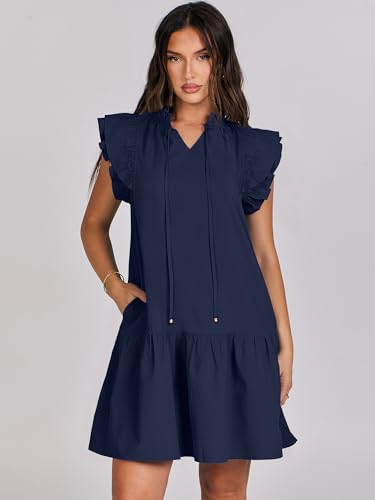 ANRABESS Womens Summer V-Neck Drawstring Ruffle Cap Short Sleeve Casual Shift Mini Dress with Pockets Navy Blue Small