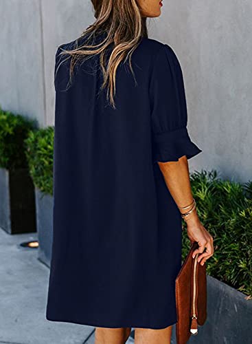 QACOHU Simple Solid Color Loose Ruffle Short Sleeve V-Neck Mini Summer Dress Shift Dress for Women Blue XL