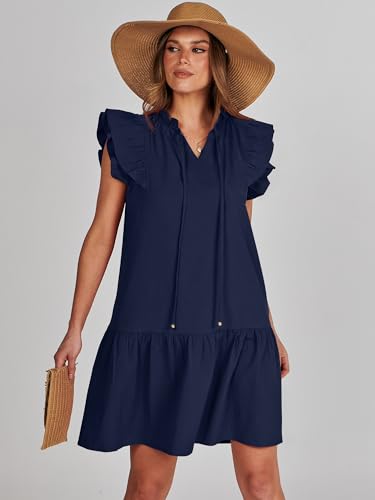 ANRABESS Womens Summer V-Neck Drawstring Ruffle Cap Short Sleeve Casual Shift Mini Dress with Pockets Navy Blue Small