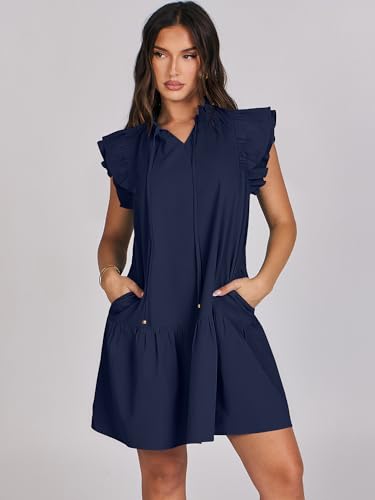 ANRABESS Womens Summer V-Neck Drawstring Ruffle Cap Short Sleeve Casual Shift Mini Dress with Pockets Navy Blue Small