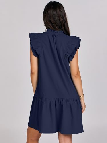 ANRABESS Womens Summer V-Neck Drawstring Ruffle Cap Short Sleeve Casual Shift Mini Dress with Pockets Navy Blue Small