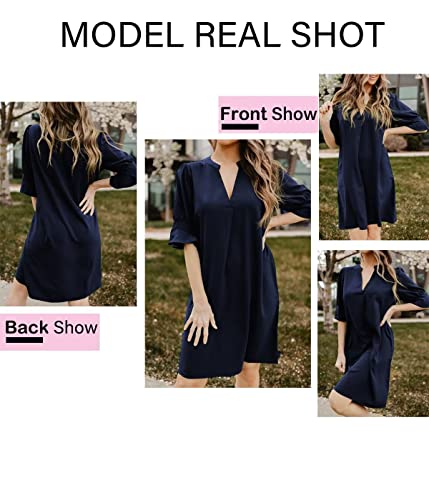 QACOHU Simple Solid Color Loose Ruffle Short Sleeve V-Neck Mini Summer Dress Shift Dress for Women Blue XL