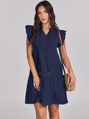 ANRABESS Womens Summer V-Neck Drawstring Ruffle Cap Short Sleeve Casual Shift Mini Dress with Pockets Navy Blue Small