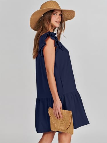 ANRABESS Womens Summer V-Neck Drawstring Ruffle Cap Short Sleeve Casual Shift Mini Dress with Pockets Navy Blue Small