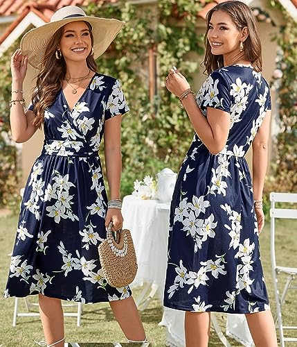 OUGES Women's Summer Short Sleeve V-Neck Pattern Knee Length Dress with Pockets Casual Summer Dress Sundresses for Women 2024(floral01,L)