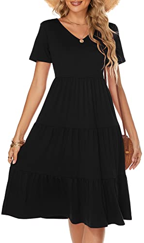 Berydress Women's Casual Summer Tiered Midi Dress Short Sleeve V-Neck Loose Cotton Ruffle Babydoll Dress Boho Sundress (L, 6175-Black)
