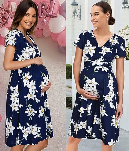 OUGES Women's Summer Short Sleeve V-Neck Pattern Knee Length Dress with Pockets Casual Summer Dress Sundresses for Women 2024(floral01,L)