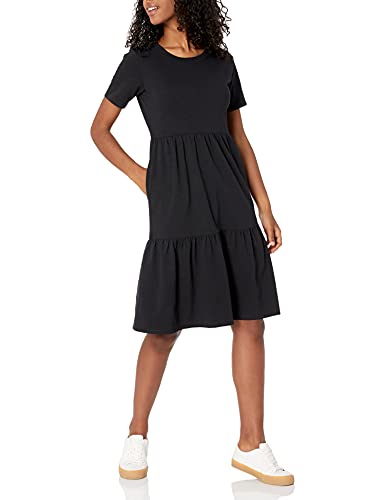Amazon Essentials Women's Short-Sleeve Crewneck Tiered Dress, Black, Medium