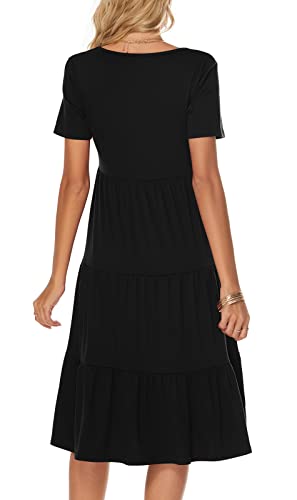 Berydress Women's Casual Summer Tiered Midi Dress Short Sleeve V-Neck Loose Cotton Ruffle Babydoll Dress Boho Sundress (L, 6175-Black)