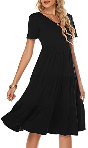 Berydress Women's Casual Summer Tiered Midi Dress Short Sleeve V-Neck Loose Cotton Ruffle Babydoll Dress Boho Sundress (L, 6175-Black)