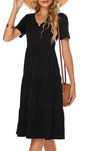 Berydress Women's Casual Summer Tiered Midi Dress Short Sleeve V-Neck Loose Cotton Ruffle Babydoll Dress Boho Sundress (L, 6175-Black)
