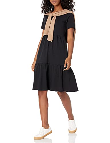 Amazon Essentials Women's Short-Sleeve Crewneck Tiered Dress, Black, Medium