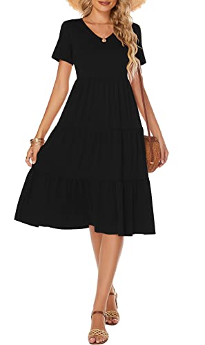 Berydress Women's Casual Summer Tiered Midi Dress Short Sleeve V-Neck Loose Cotton Ruffle Babydoll Dress Boho Sundress (L, 6175-Black)