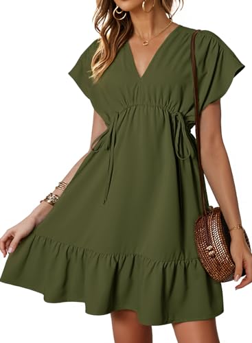 Dokotoo Summer Dresses for Women 2024 Babydoll Casual Elegant Ruffle A-Line Cute Short Sleeve V Neck Drawstring Ruched Swing Mini Dress Beach Vacation Outfits for Women Green X-Large