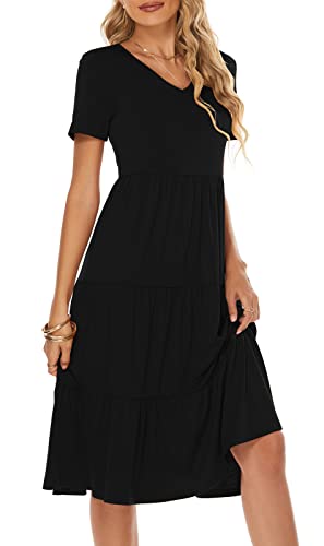 Berydress Women's Casual Summer Tiered Midi Dress Short Sleeve V-Neck Loose Cotton Ruffle Babydoll Dress Boho Sundress (L, 6175-Black)