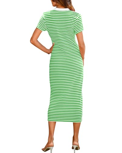 BTFBM Women Summer Dresses Short Sleeve V Neck Button Down Striped Midi Dresses Ribbed Knit Fitted Pencil Dress(Green,Small)