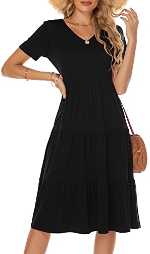 Berydress Women's Casual Summer Tiered Midi Dress Short Sleeve V-Neck Loose Cotton Ruffle Babydoll Dress Boho Sundress (L, 6175-Black)
