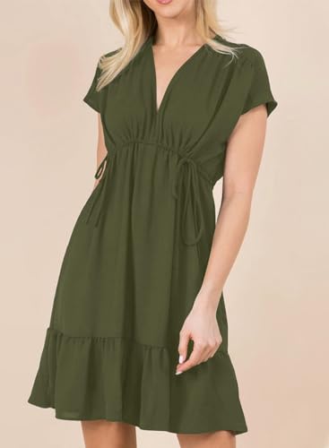 Dokotoo Summer Dresses for Women 2024 Babydoll Casual Elegant Ruffle A-Line Cute Short Sleeve V Neck Drawstring Ruched Swing Mini Dress Beach Vacation Outfits for Women Green X-Large