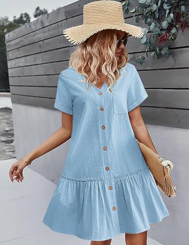 HOTOUCH Button Down Shirt Dress for Women Cotton Linen Dress Summer A Line Swing Dress Short Sleeve Ruffle Hem Dress, Blue M