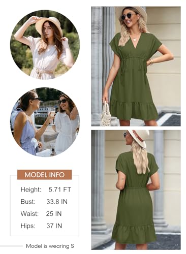 Dokotoo Summer Dresses for Women 2024 Babydoll Casual Elegant Ruffle A-Line Cute Short Sleeve V Neck Drawstring Ruched Swing Mini Dress Beach Vacation Outfits for Women Green X-Large