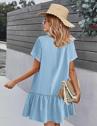HOTOUCH Button Down Shirt Dress for Women Cotton Linen Dress Summer A Line Swing Dress Short Sleeve Ruffle Hem Dress, Blue M