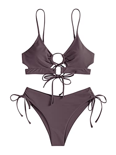 ZAFUL Women 2 Piece Swimsuits Spaghetti Strap Brazilian Bikini Lace Up Swimsuit Bathing Suit Coffee